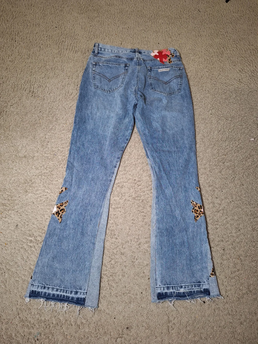Chrome Hearts Inspired Cross Patch Flared Pink Red Leopard Y2K Denim Jeans 34